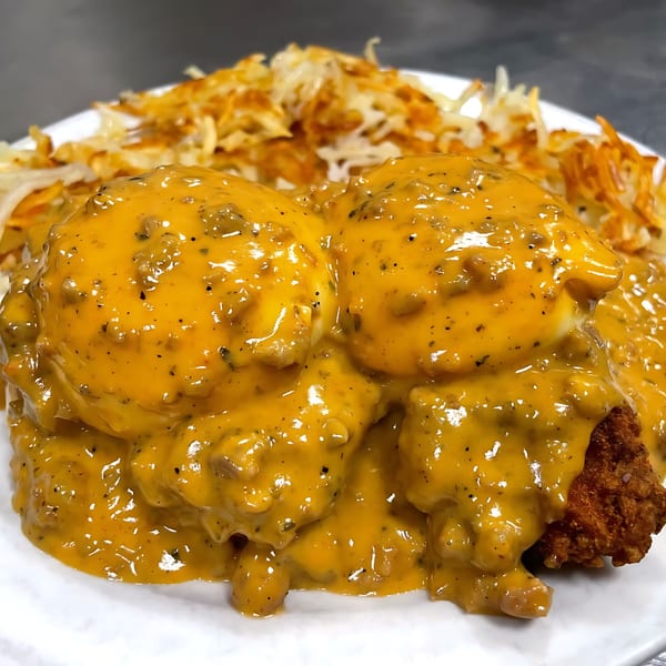 Chicken fried steak with sausage gravy and hash browns from Green Street Grill.
